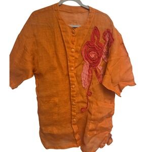 Vintage 80s Orange‎ Linen Blend Embroidered Flower Kimono Style Top Oversized